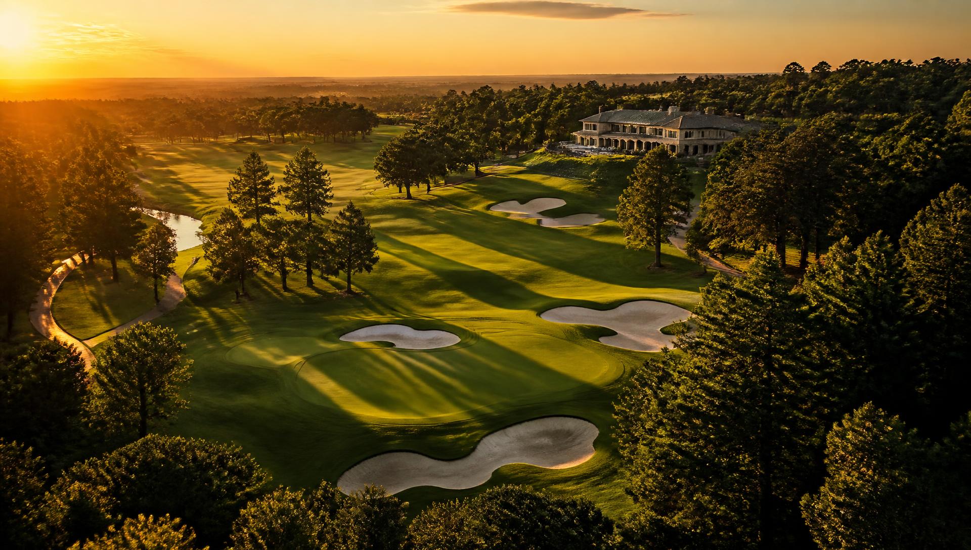Aerial view of a pristine golf course at golden hour